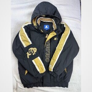 Starter Colorado Buffaloes Mens Large Black Gold Puffer Jacket Hooded CU Buffs